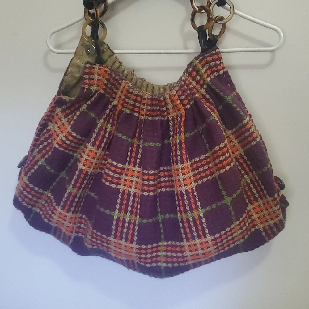 Oversized Plaid Hobo Bag Purple with Orange and Green Trim